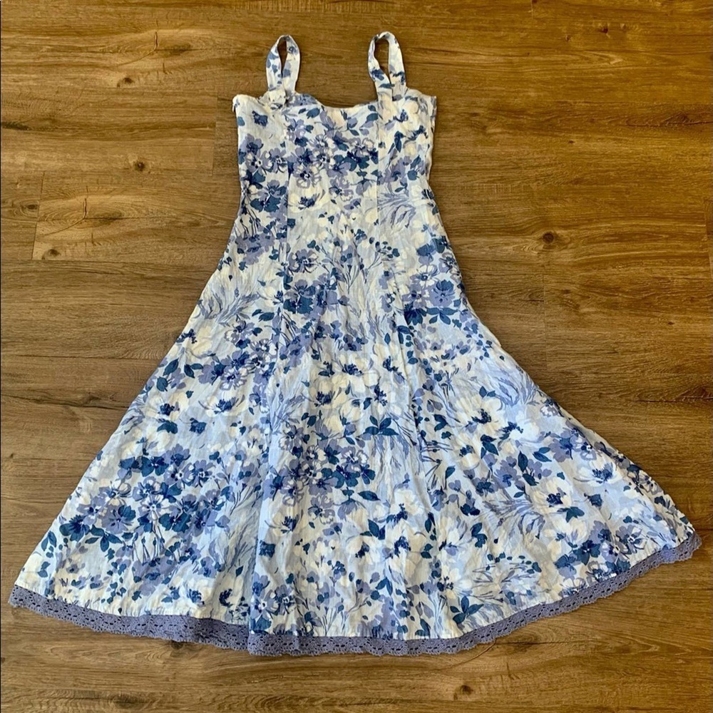 Per Una Sz 8 Blue and White Floral Sun Dress with Crochet trim